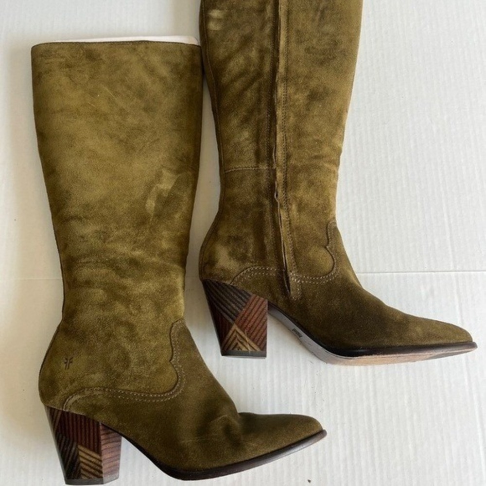 Frye Reed Sz 7M Olive Green Suede Side Zipper Tall Casual Dress Heeled Boots - Picture 4 of 12